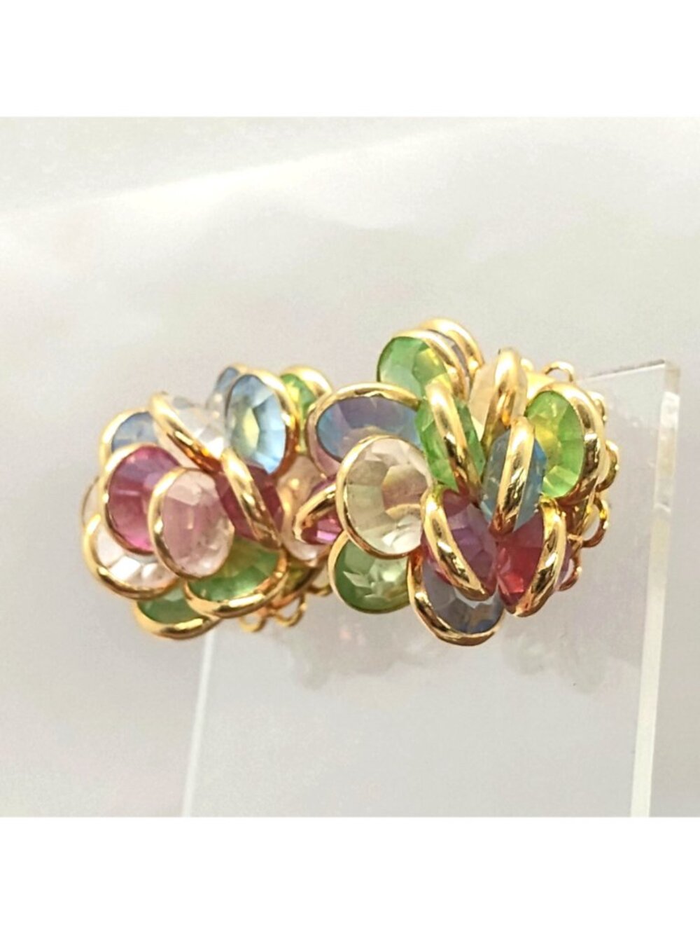 Vtg Bezel Set Crystal Cluster Earrings Gold Tone Pierced Pastel Colors - Picture 4 of 9